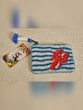 Beaded Lobster Coin Pouch With Blue Tassel - Blue/White/Red